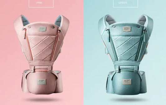Bass Bear csípőüléses elöl hordozó babahordozó, rózsaszín és zöld változatban
