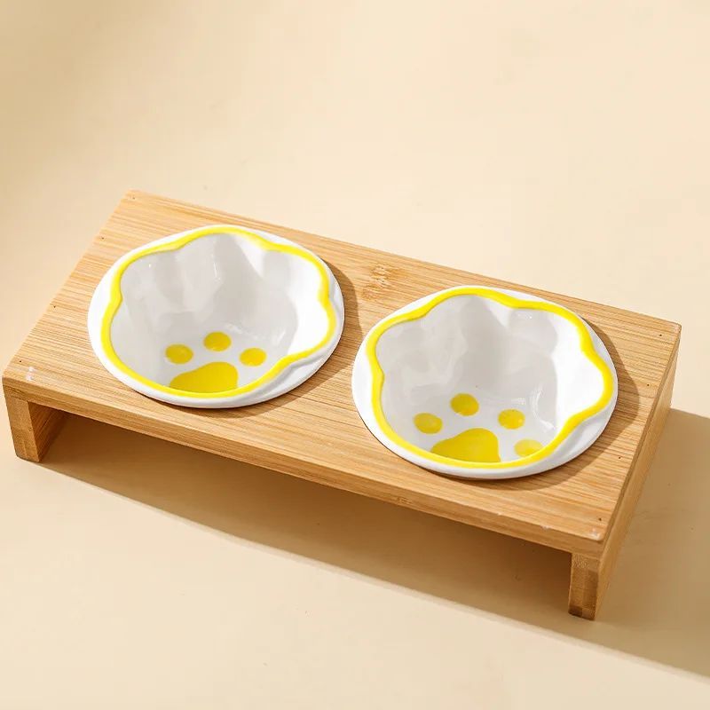 Bambusz Keretű Kézzel Színezett Porcelán Etető Itató Tál Macskáknak És Kutyáknak