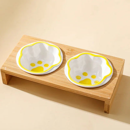 Bambusz Keretű Kézzel Színezett Porcelán Etető Itató Tál Macskáknak És Kutyáknak