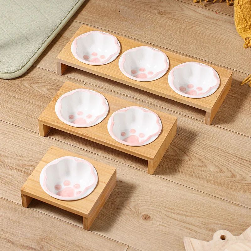 Bambusz Keretű Kézzel Színezett Porcelán Etető Itató Tál Macskáknak És Kutyáknak