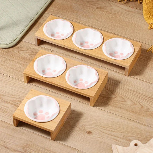 Bambusz Keretű Kézzel Színezett Porcelán Etető Itató Tál Macskáknak És Kutyáknak