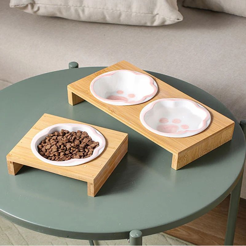 Bambusz Keretű Kézzel Színezett Porcelán Etető Itató Tál Macskáknak És Kutyáknak
