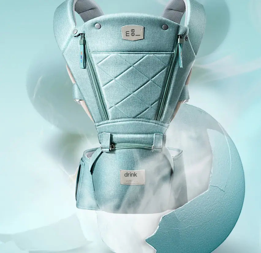 Elöl hordozható babahordozó Bass Bear csípőüléssel, türkiz színű.