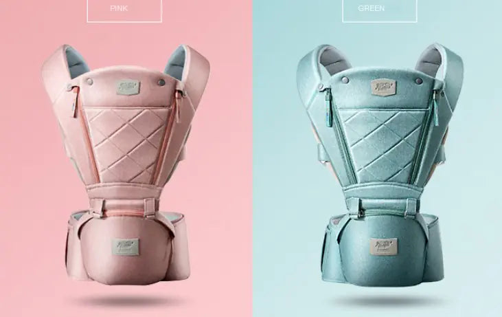 Bass Bear csípőüléses elöl hordozó babahordozó, rózsaszín és zöld változatban